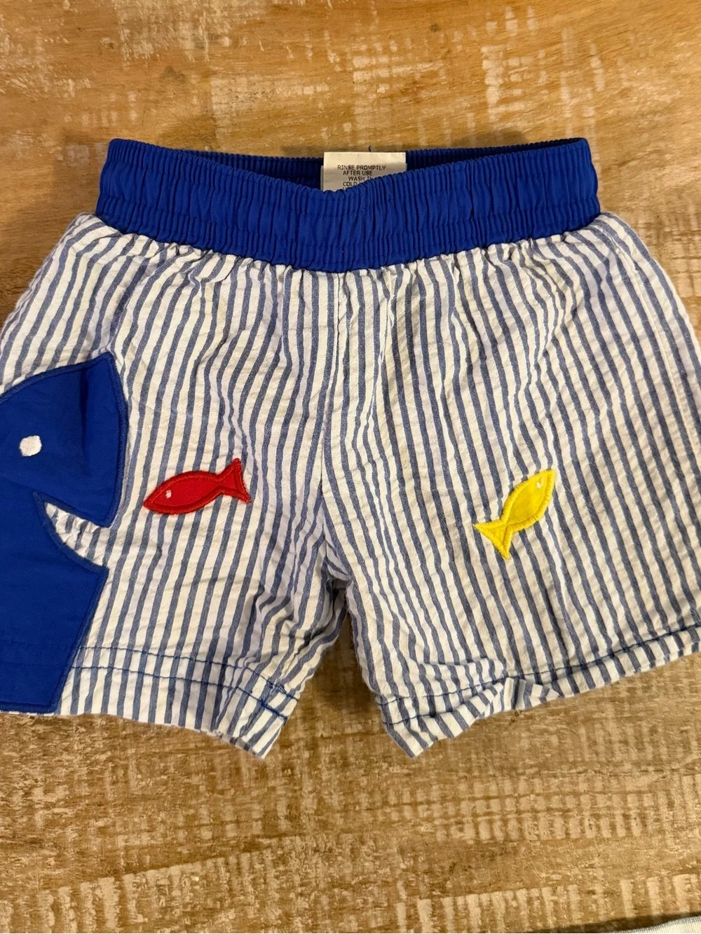 Florence Eiseman Blue & White Striped Shark Applique swim trunks. Size 6M EUC